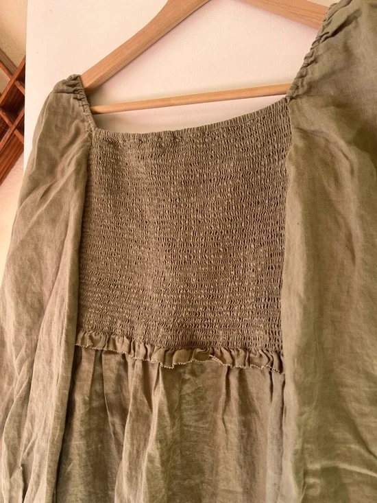 Quince Olive Green Smocked Peasant Mini Dress | 100% Linen - Picture 4 of 6